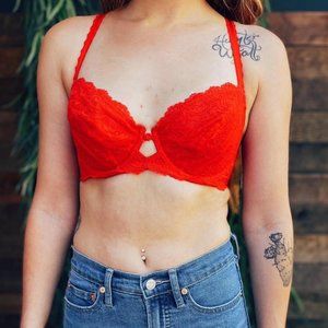 Y2K Red Lace Bra Scalloped Lace and Keyhole with Bow